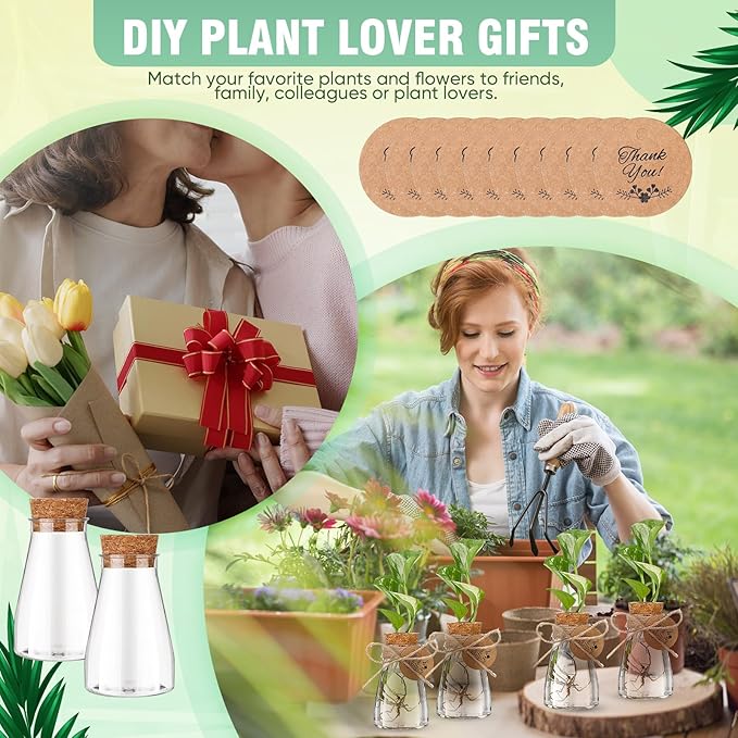 Baderke 12 Pack 3.35'' Plastic Plant Propagation Stations with Hole Lid Planter Vase Clear Propagation Jars with Thank You Tags for Plant Lover Gifts for Women Office Home Garden