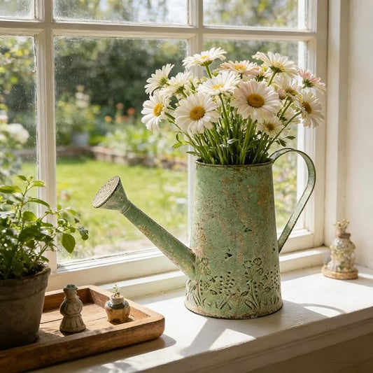 Vintage Green Metal Watering Can, Functional Garden Waterer with Floral Embossed for Indoor Outdoor Plant Care, Rustic Decor for Home Garden Patio
