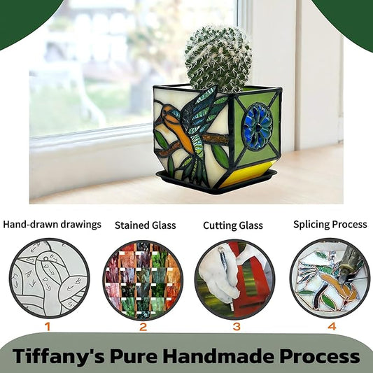 Handcrafted Stained Glass Hummingbird Planter, Indoor Decorative Flower Pot with Drainage, Planters for Indoor Plants,Garden Home Decor