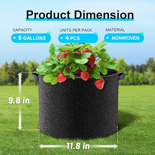 Land Guard 4-Pack Fabric Grow Bags 5 Gallon, Thickened Nonwoven Garden Pots, Growing Bags with Handles, Black