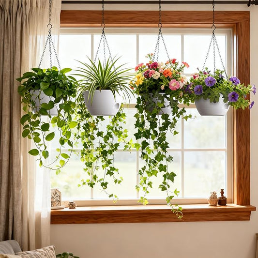 4 Pack 8 Inch Self Watering Hanging Planters for Indoor Outdoor Plants,Hanging Pots for Plants with Drainage Removable Tray, Hanging Baskets Flower Pots for Ivy Pothos Spider Garden Porch White