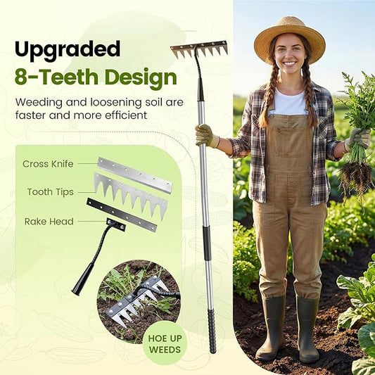 Iron Weeding Rake with Long Handle - Upgraded 8 Teeth Weed Puller Tool, Heavy Duty Manual Weeder Remover Tool for Weeding, Cultivating & Soil Aeration
