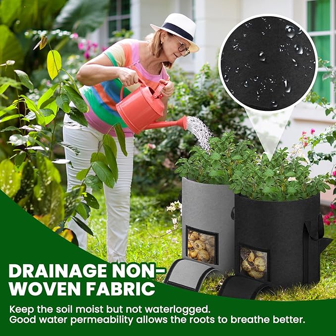 4 Pcs Upgraded Potato Grow Bags 10 Gallon with Harvest Window Visible Window Planting Bags Gardening Pots Thickened Nonwoven Planter for Growing Potato Tomato Vegetable (Black,Gray)