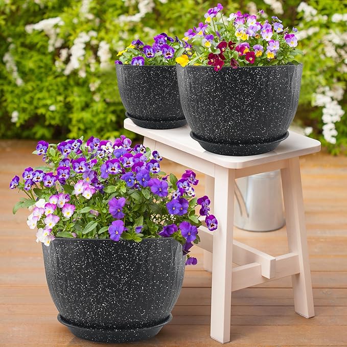 12/10/9 inch Plant Pots, 3 Pack Flower Pots for Outdoor Indoor Garden Plants, Large Planters with Multi Mesh Drainage Holes and Saucer (Speckled Black, 12"+10"+9")