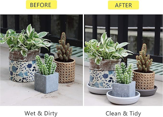 SAROSORA Round Plastic Plant Saucer Drip Tray Set of 6 for Indoor Outdoor Home Garden Flower Plant Container Flower Pot Pallets ((5.8''+7"+8'') x2, White-Grey)