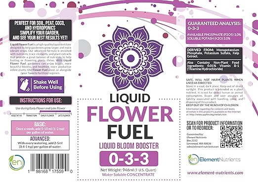 Liquid Flower Fuel 0-3-3 - Bloom Booster Fertilizer for Fruiting and Flowering Plants - Better Yield and Larger Flowers - Concentrated Potassium and Phosphorus - Quart (32oz)