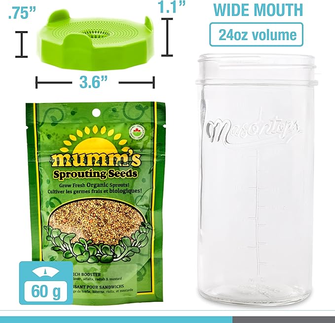 Masontops Mason Jar Bean Sprouting Jar Starter Set - Easy DIY Bean Sprout Kit with Organic Seeds, Sprouting Lids, Complete Bean Sprouts Grow Kit