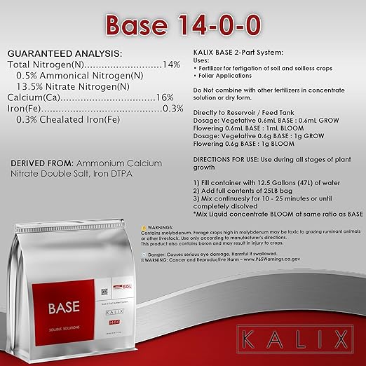 KALIX Base 14-0-0 | Hydroponic Calcium-Nitrogen Fertilizer | Fully Soluble Formula for Veg & Bloom Support | Iron Chelated | Stock Tank Ready | 2-Part System | 25lb
