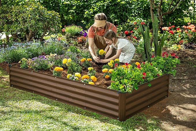 Plant & Plot Galvanized Raised Garden Beds Outdoor // 6×3×1 ft Planter Raised Beds for Gardening, Vegetables, Flowers (Dark Wood Grain) // Large Metal Garden Box // Patented Tool-Free Design