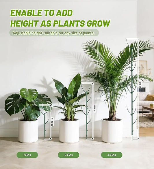 Plant Support Stakes, 6 Pcs Stackable Plant Support Poles with 20 Clips, 1 Roll Tie for Indoor Outdoor Monstera Climbing Plants, Green
