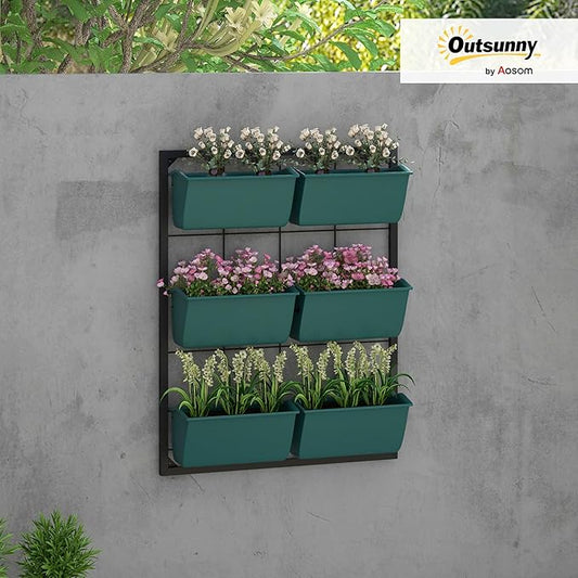 Outsunny 3-Tier Wall Planter with 6 Pots for Indoor and Outdoor Use, Hanging Plant Holder, Self Draining Wall Mounted Planter for Vegetables, Flowers, Herbs, Green
