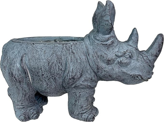 Zeckos Charming Grey Rhino MGO Planter with Drain Holes, 18.5 inches - Weather-Resistant Magnesium Oxide for Garden or Patio Decor - Unique Animal Theme Planter, Perfect for Indoor/Outdoor Use