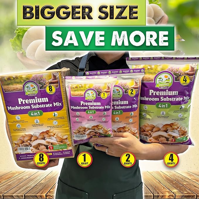 DUSPRO Recycle Premium 4-in-1 Mushroom Substrate Mix with Coco Coir, Zeolite, Gypsum & Vermiculite – Ideal Mushroom Growing Mix for Gardening, Moisture Retention, pH Balance & Ready to Use Mixture 2QT