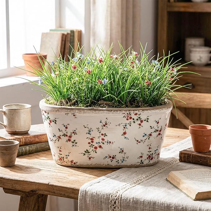 8.6" Large Vintage Ceramic Planter Ice Cracked Farmhouse Rectangle Pots with Drainage Hole Pots for Indoor Outdoor Plants Home Kitchen Windowsill Office Shelf Rustic Decor Gift(Wildflower)