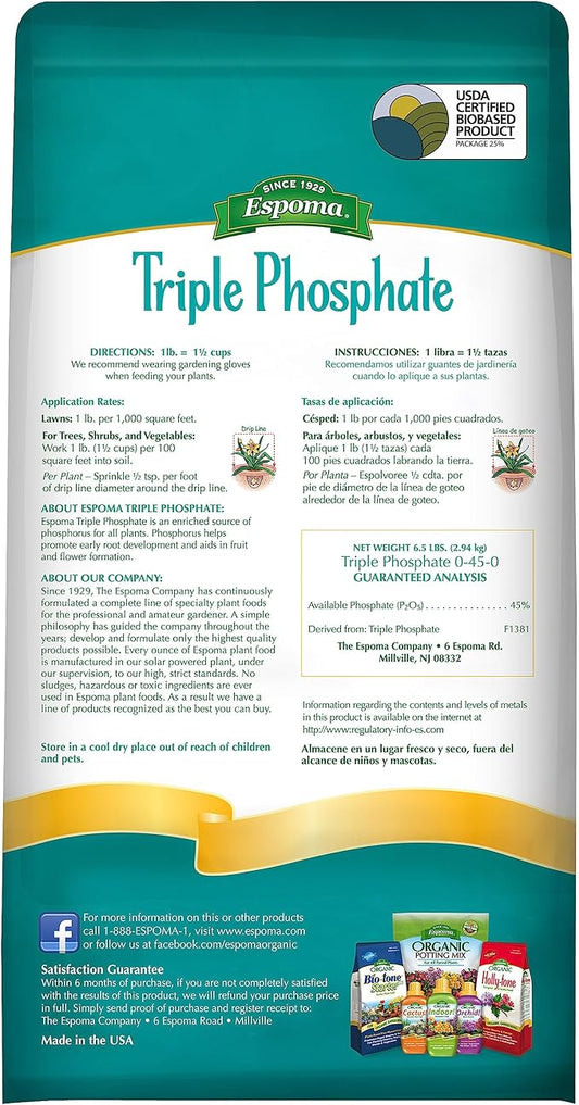 Espoma Triple Phosphate Fertilizer 0-45-0, 6.5lb. Bag; Promotes Root Growth and Blooming in All Flowering Plants, Trees, Shrubs, and Vegetables. Granular for Easy Application. Pack of One.
