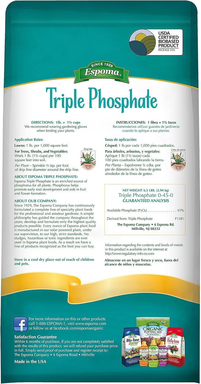 Espoma Triple Phosphate Fertilizer 0-45-0, 6.5lb. Bag; Promotes Root Growth and Blooming in All Flowering Plants, Trees, Shrubs, and Vegetables. Granular for Easy Application. Pack of Two