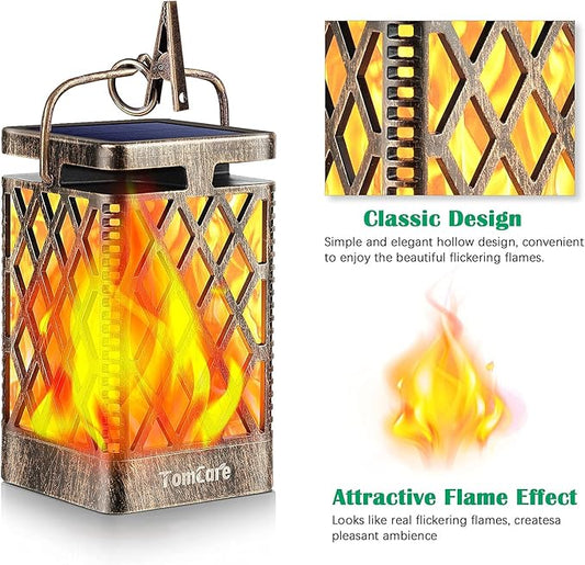 TomCare Solar Lights Outdoor Flickering Flame Solar Lantern Outdoor Hanging Lanterns Decorative Outdoor Lighting Solar Powered Waterproof LED Flame Lights for Patio Garden Deck, 2 Pack(Bronze)