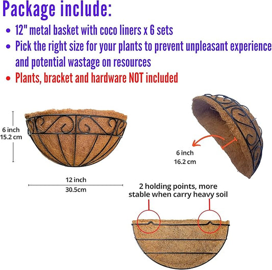 LaLaGreen Wall Hanging Planters, 6 Pack, 12 Inch Balcony Flower Baskets with Coco Liner Outside, Outdoor Vertical Garden, Fence Pots Holder Half Round Semi Circle Rail Railing Deck Porch Balcony Patio