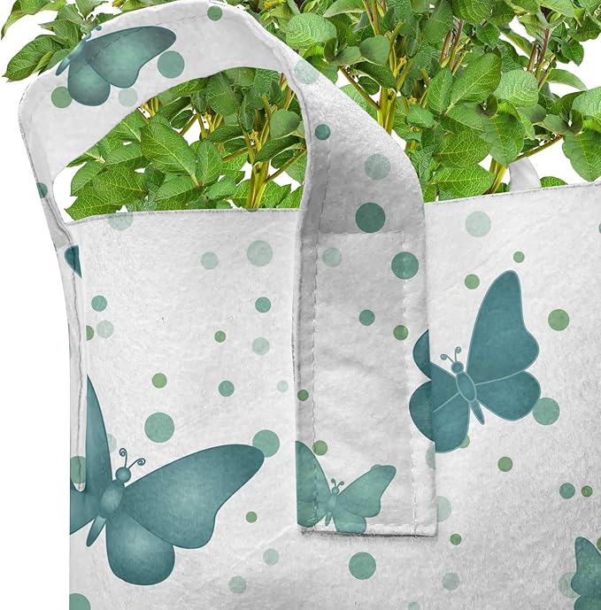 Lunarable Butterflies Grow Bags 5-Pack, Moth Insects on Rounds, Heavyduty Fabric Pots with Handles for Plants, White Teal