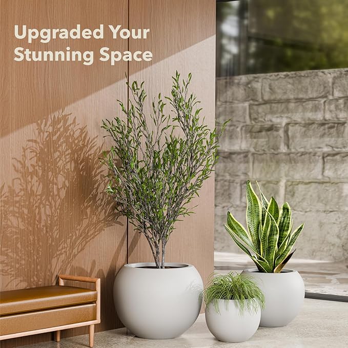 12.8โH x 16โD Globo Fiberstone Round Planter - Christmas Tree Planter, Smooth Finishes, Weather Resistant for Indoor & Outdoor Use, Included 2 Extra Coco Mats (Light Gray, 10.7โ Pot Opening)