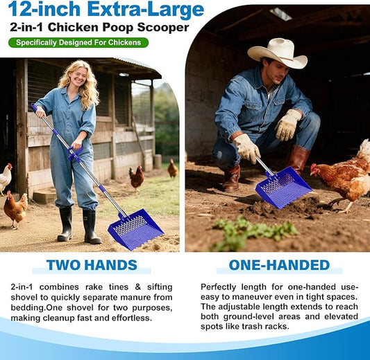 12-Inch 2-in-1 Chicken Poop Scooper & Rake, Chicken Coop Scoop with Adjustable Stainless Steel Handle (24–64"), 3 Angles & 2 Sifting Holes, Litter Scoop Sand Sifting Shovel Pooper Scooper (Blue)