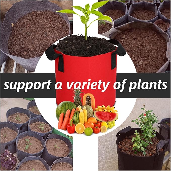 Grow Bags,Growing Pot Bags Garden Grow Bag Indoor Outdoor Fabric Aeration Plant Pot Container Flower Vegetable Pouch (Red,2 Gallon)