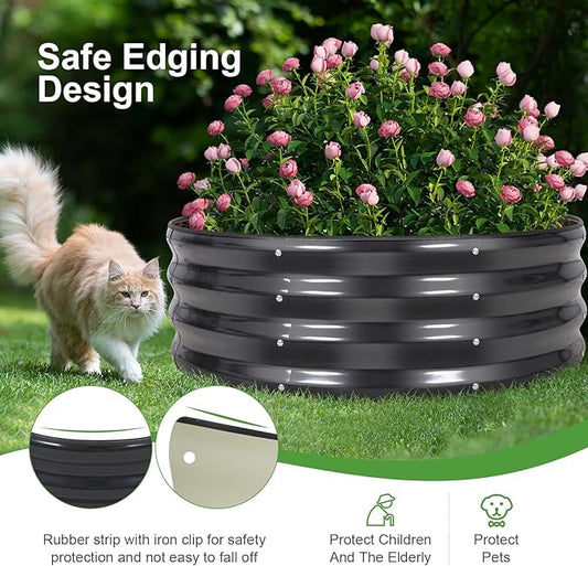 Galvanized Raised Garden Bed- 2Pcs Metal Planter Boxes Outdoor | 12" Tall 36" Round Steel Raised Bed Kit & Fire Pit Ring for Gardening with Protective Tape for Vegetables, Flower (Grey)