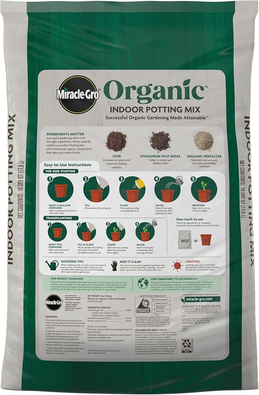 Miracle-GRO Organic Indoor Potting Mix, Protects Against Over and Under Watering, for Indoor Container Plants, Houseplants and Starter Plants, OMRI Listed, 16 qt.