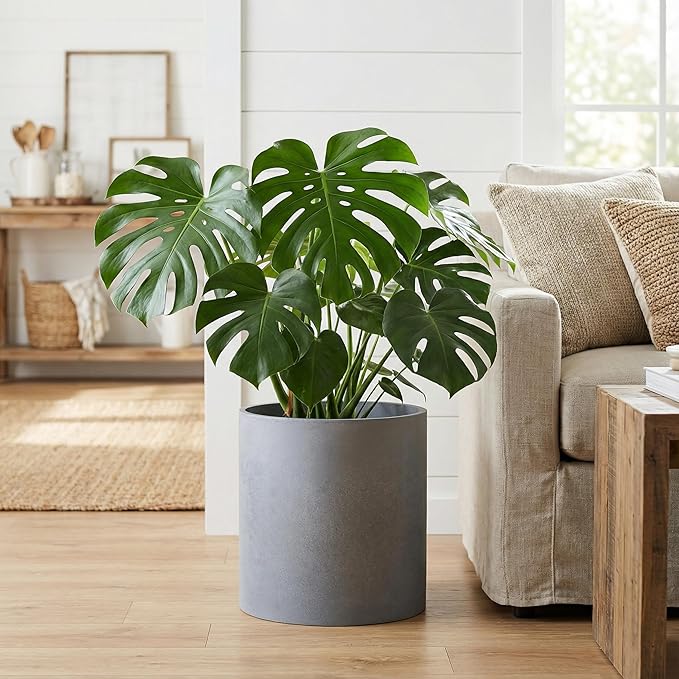 FaithLand Plant Pot 14 inch - Perfectly Fits Mid-Century Modern Plant Stand - Drainage Plug and Drainage Mesh Screen - Gray Planter Pot.