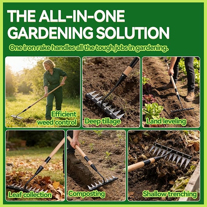 Gardenia Iron Weeding Rake with Handle 3.0,Heavy Duty Iron Rake for Gardening and Weeding,2026 Upgraded 9-Tine Garden Weed Puller Tool, Garden Weed Rake Tool for Removing Weeds,Soil Aeration (9 Teeth)