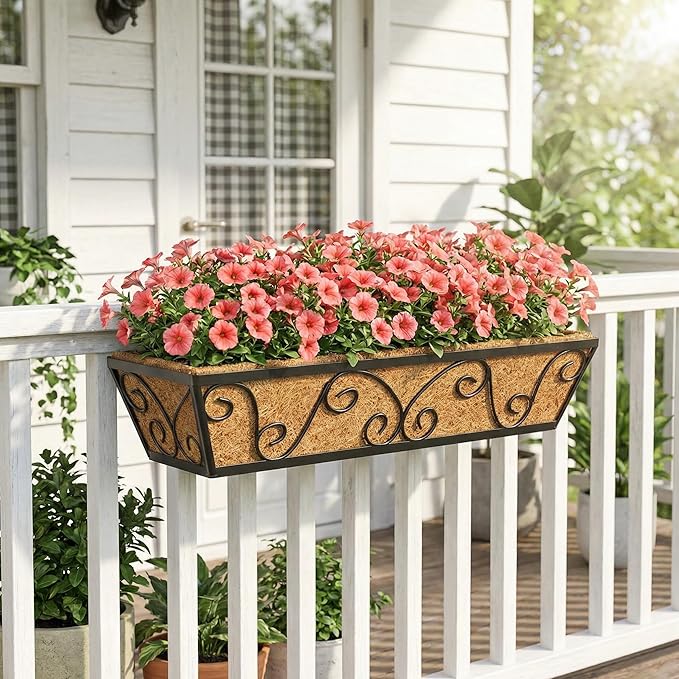 Y&M 24 Inch Window Deck with Coco Liner, Fence Metal Hanging Flower Planter Window Basket Deck Railing Planter Boxes for Outdoor Garden Lawn-Butterfly,6pcs