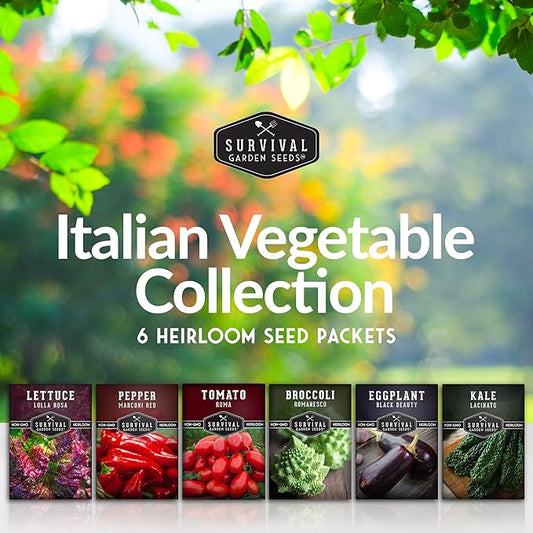 Italian Heirloom Vegetable Seeds – 6 Variety Garden Collection for Planting with Romanesco Broccoli, Roma Tomato, Marconi Pepper, & More – Non-GMO Vegetables for Home Gardens – Survival Garden Seeds