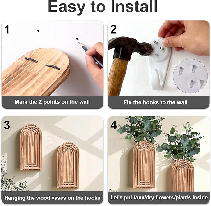 DREAMLOOM 2 Pack Wooden Wall Vases with Fake Plants, Wall Hanging Planters Boho Modern Farmhouse Indoor for Narrow Spaces Entryway Bathroom Home Office Decoration, White