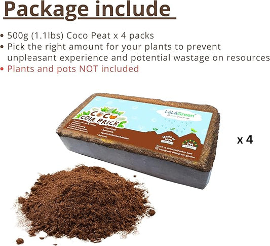 LaLaGreen Indoor Planting Soil (500g, 4 Pack) Organic Shredded Coconut Husk Fiber Brick Orchid Peat Moss for Plants, Fertilizer for Outdoor Plant Seed Starter Soils Coco Coir for Herb Flower Gardening