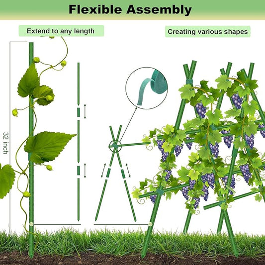 Garden Stakes 16" 20pcs, 0.43 inch Diameter Plant Stakes for Indoor Outdoor Plants, DIY 3ft 4ft 5ft 6ft Sturdy Steel Tomato Stakes with 15 Connectors, Plant Support Stakes for Climbing Plants