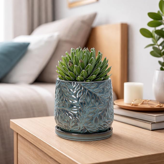D'vine Dev 5 Inch Embossed Leaves Stoneware Planter Pot with Drainage Hole and Saucer, Ocean Teal, 27-A-V-8