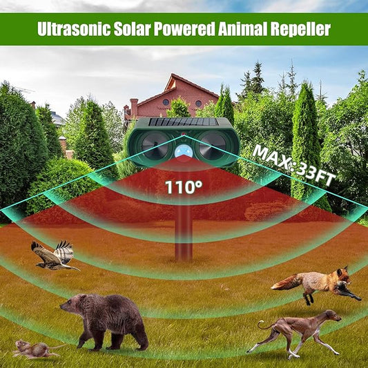 Ultrasonic Animal Repeller Outdoor Solar Deer Repellent Devices Waterproof, Motion Activated Animal Deterrent Devices to Scare Cat Squirrel Rabbit Raccoon Skunk for Yard Garden,4 Pack