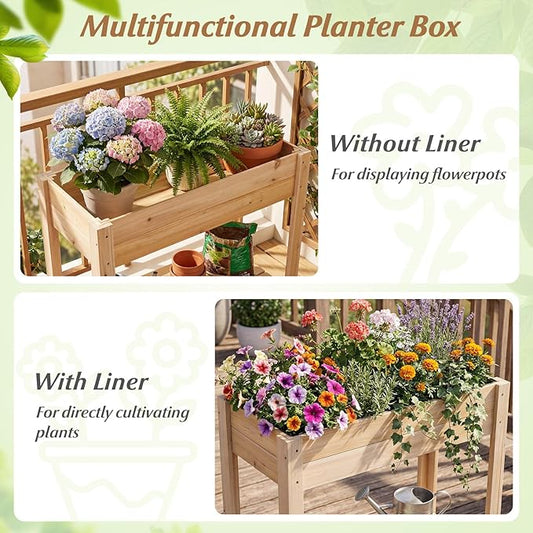 HAPPYGRILL Wooden Raised Garden Bed with Legs, Elevated Planter Box w/Storage Shelf, Drainage, Liner, Outdoor Solid Wood Gardening Box for Vegetables Herbs Flower, Backyard Patio Balcony Indoor