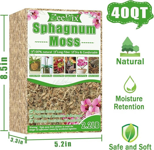 ZeeDix 2.2 lb Premium Sphagnum Moss Bulk, Natural Long Fiber Orchid Sphagnum Peat Moss for Carnivorous Plants Succulent Monstera Indoor Outdoor Plants & Reptiles Terrariums Habitats(Expands to 40 qt)