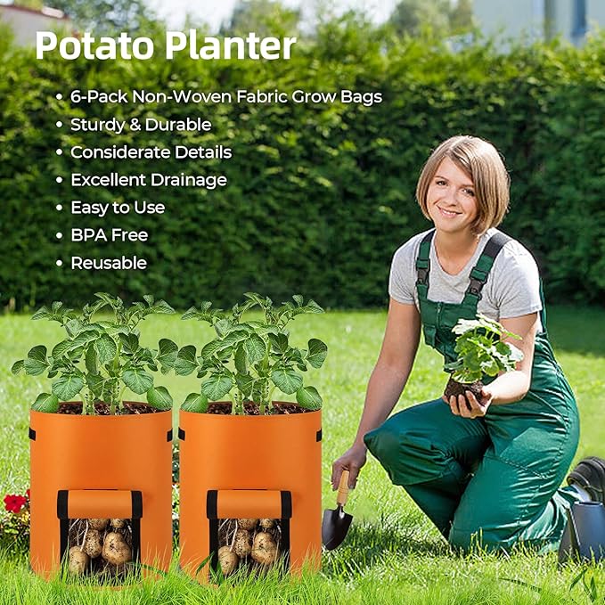 6 Pack Potato Grow Bags, 10 Gallon Planting Bags Large Fabric Pots with Flap Window Vegetable Planter Garden Pot Tall Potato Growing Containers with Handles for Vegetables, Fruits and More, Orange