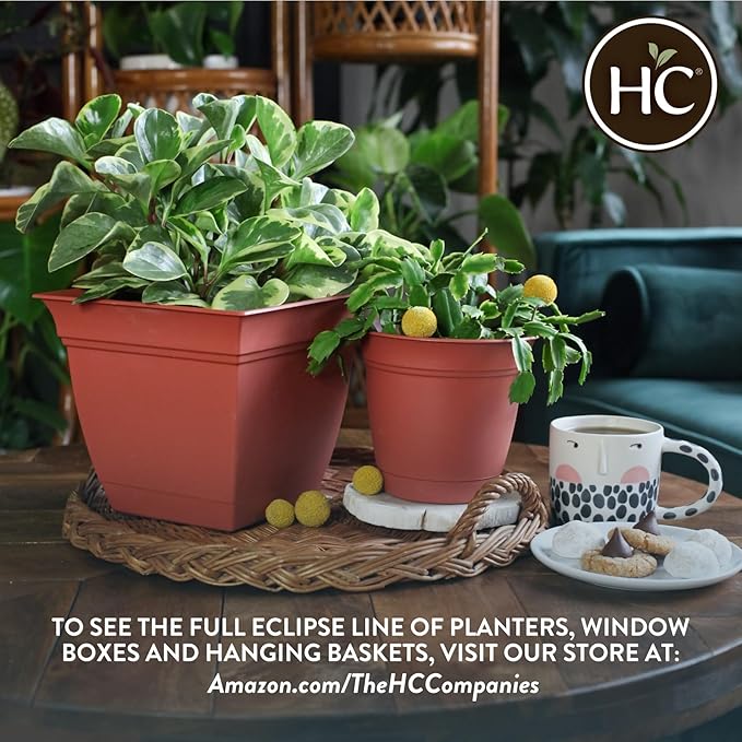 The HC Companies Eclipse Round Planter with Saucer - Outdoor & Indoor Plant Pot with Drainage Holes - Lightweight, UV-Resistant Plastic Pots for Plants, Flowers & Herbs (10" Clay, Pack of 1)
