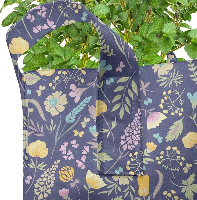 Lunarable Garden Grow Bags 5-Pack, Herbs Leaves Petals, Heavyduty Fabric Pots with Handles for Plants, Purple Yellow