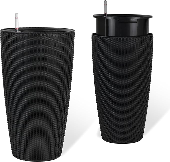 22" Tall Planter Set of 2, Large Self Watering Pots for Indoor/Outdoor Plants with Drain Holes, Water Level Monitor, Inner Bucket for Front Porch Patio, Black Rattan Conical