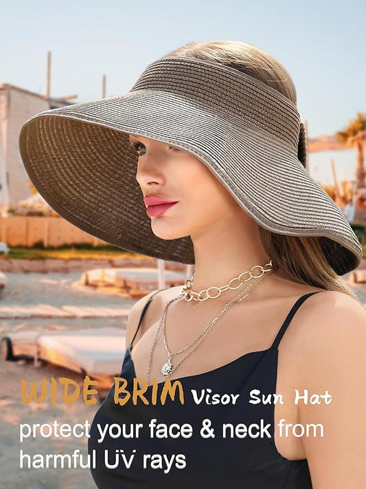 Womens Beach Straw Sun Hats Ponytail Hole Wide Brim Summer Visor Foldable Hat Sun Protection Packable for Travel Pool