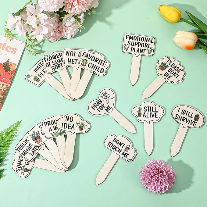 15 Pcs Funny Wooden Plant Markers, Interesting Garden Plant Labels Tab Cute Plants Signs Stakes for Indoor Outdoor Garden Potted Plants Patio Supplies