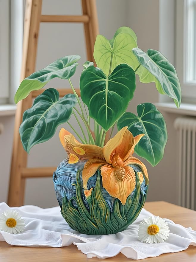 Starry Night Floral Planter, Unique and Interesting Abstract Art Flower pots, Vibrant Colors, Perfect for Home/Garden Artistic Decoration (Flowers)