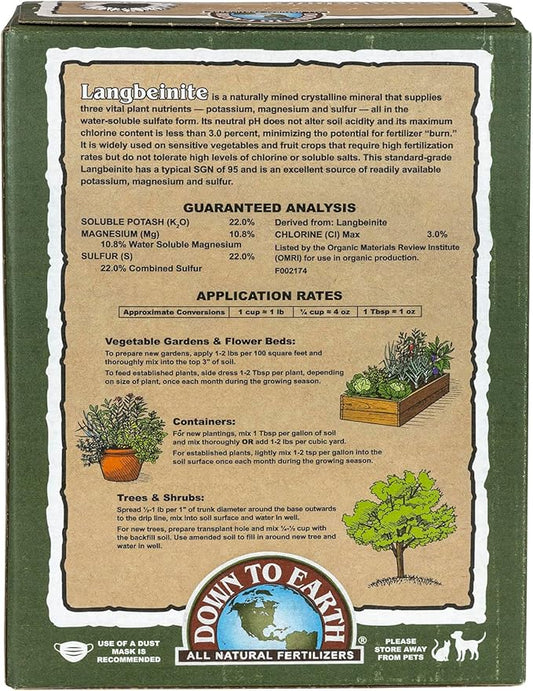 Down To Earth All Natural Fertilizers Organic Langbeinite, Potassium Magnesium Sulfate (K-Mag) Granular Plant Food 0-0-22, 5 lb