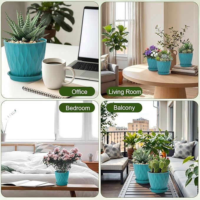 24 Pack 4 Inch Plant Pots Bulk Small Pots for Succulents Waffle Texture Plastic Planter with Drainage Holes and Saucers for Indoor Outdoor Plants Flowers, Seedlings (Lake Green)