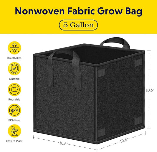 YSSOA Square Grow Bags 5 Pack 5 Gallon Heavy Duty, Thick Nonwoven Fabric Pots Cubic with Handles and Plant Stake Loops, Aeration Reusable for Garden Growing Fruits, Vegetables and Flowers, Black