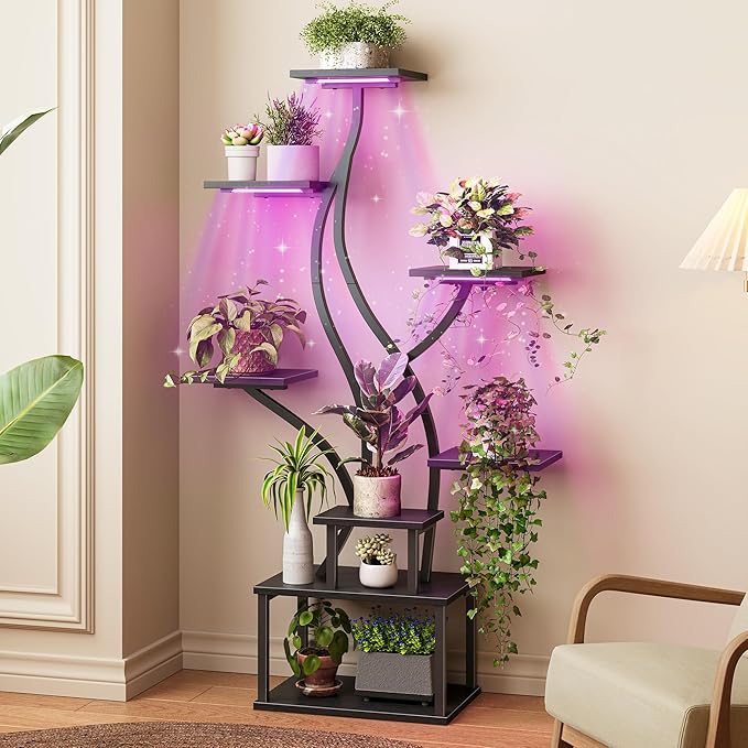 PRAISUN 51.3 Inch Plant Stand with Grow Light, 6 Tiered Indoor Plant Shelf with Larger Flower Holder, Pine-Shaped Stand, 3 Light Modes, Open Base, Corner Plant Rack for Living Room, Black